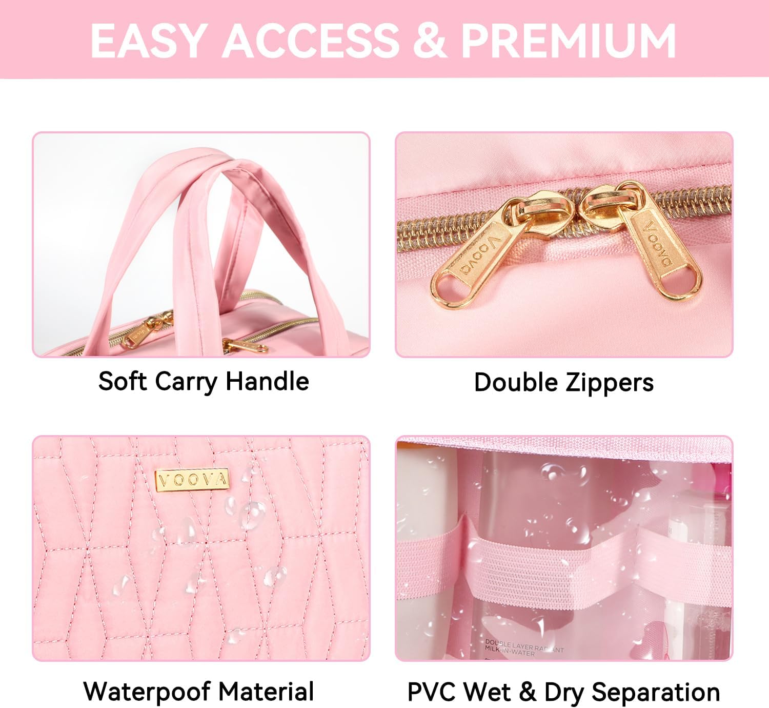Voova Hanging Travel Toiletry Bag for Women Men, Waterproof Makeup Cosmetic Organizer Holder for Toiletries Accessories, Traveling Essentials,Shampoo,Full-Sized Container, Brushes Kit Set, Pink
