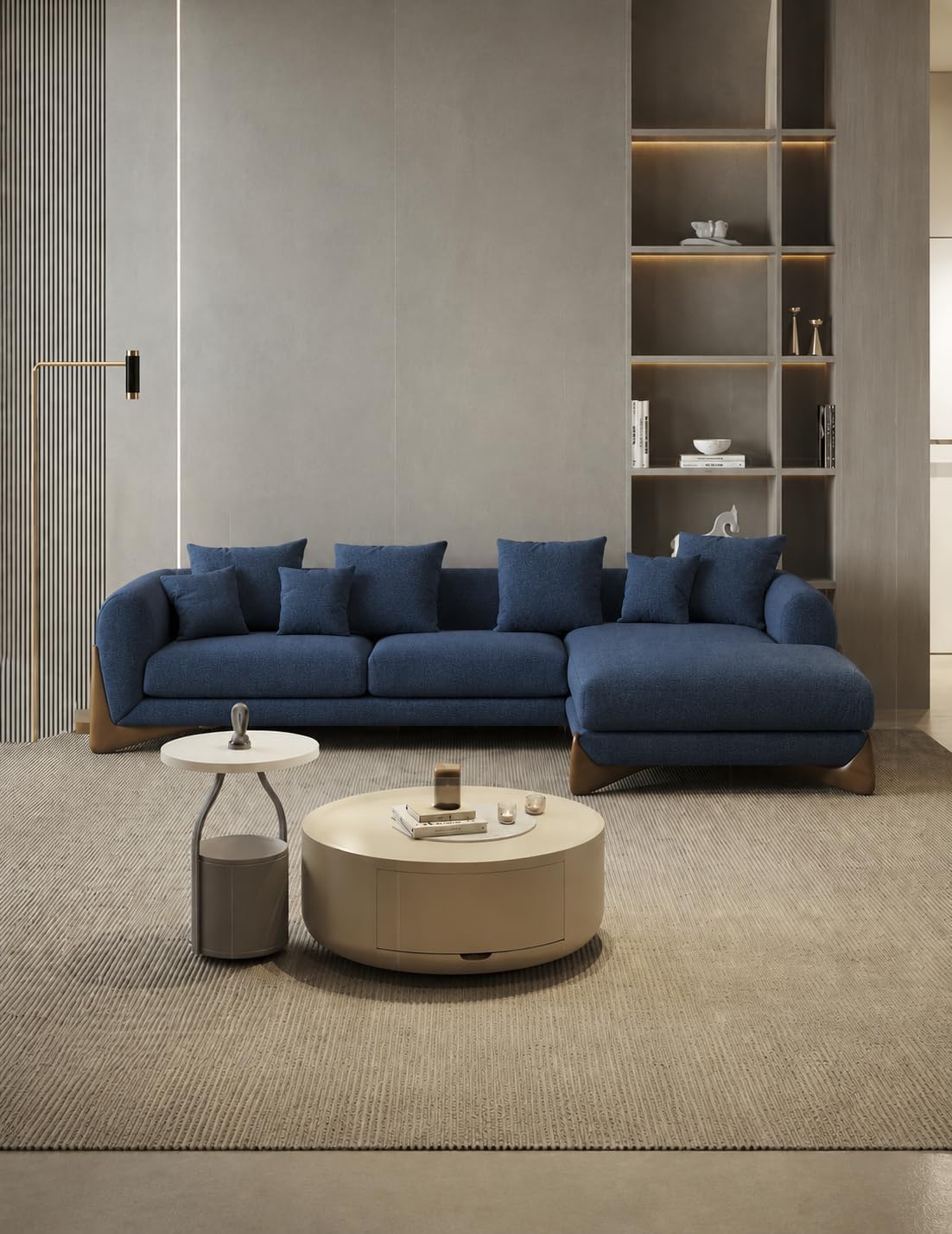 L-Shaped Sectional Sofa with Chaise, Boucle Fabric Upholstery, Wooden Base, Modern Style Right Hand Facing for Your Living Room (LHS Blue Boucle)-image-42
