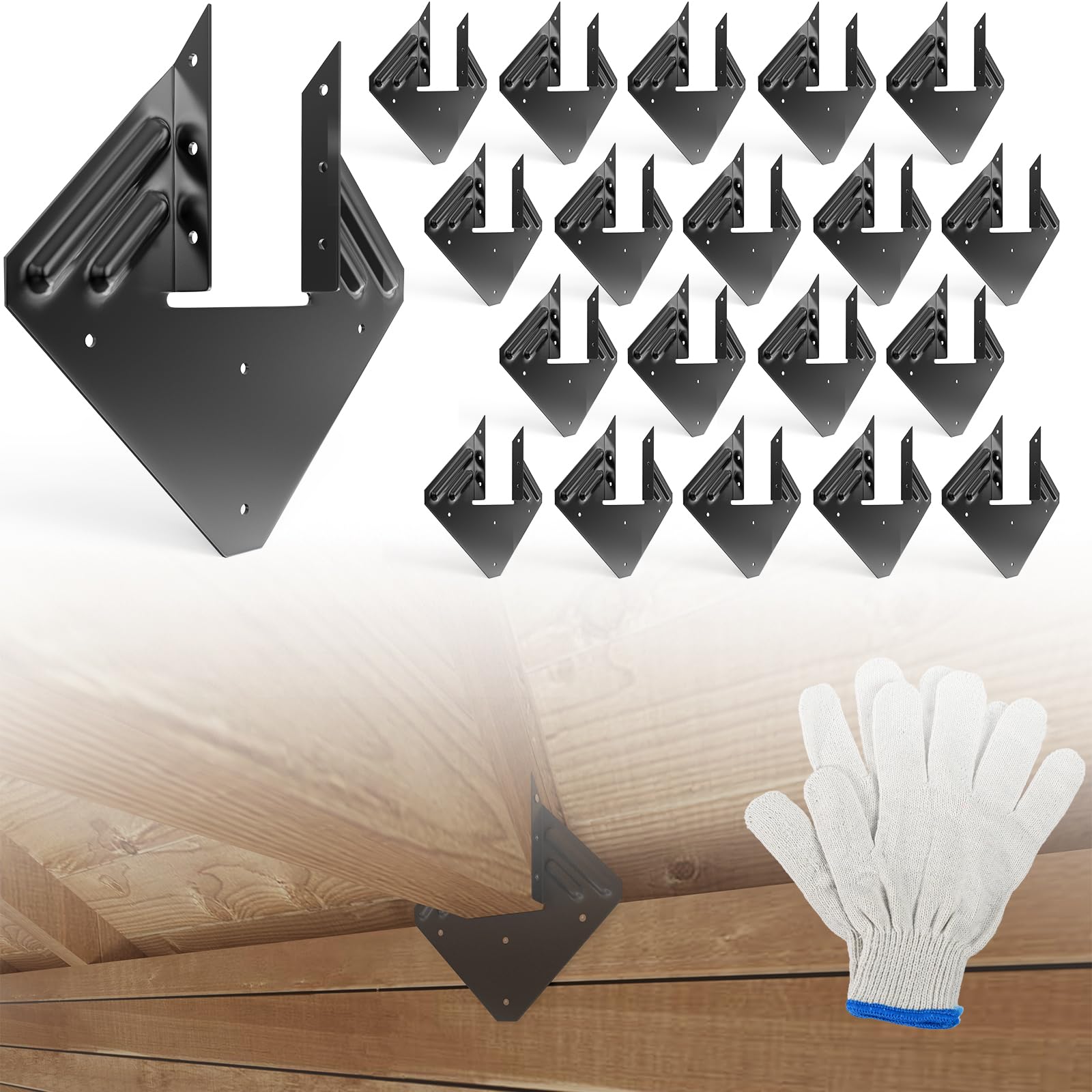 20pcs Hurricane Ties for Rafter, 14-Gauge Hurricane Straps Brackets Fit 2x4, 2x6 Truss to Rafter Connector, Hot Dip Galvanized Black Joist Hangers for Roofing Wood Timber, Hurricane Clips with Gloves
