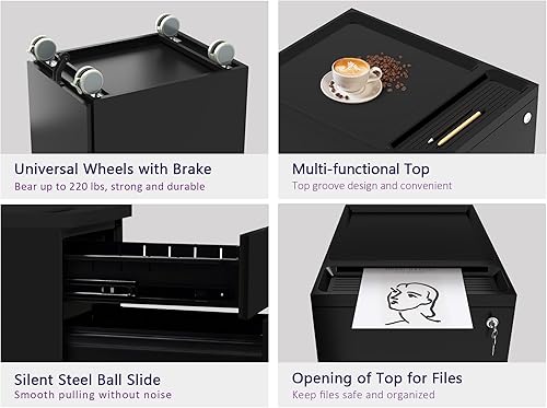 Miniatura 29 de Archivador móvil de 2 cajones con cerradura, archivadores de oficina para debajo del escritorio, archivador pequeño totalmente montado excepto Negro