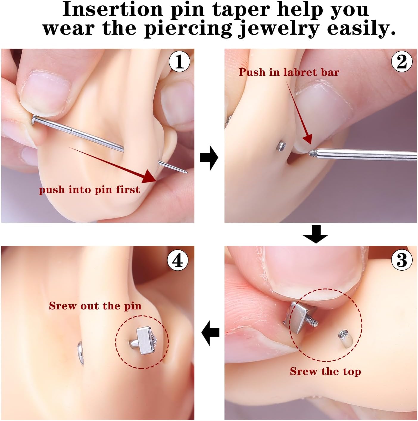 Piercing Taper Ball Grabber Tool & 14G 16G 18G 20G Piercing Tool Kit, Stainless Steel Piercing Changing Tools for Ear Nose Navel Lip
