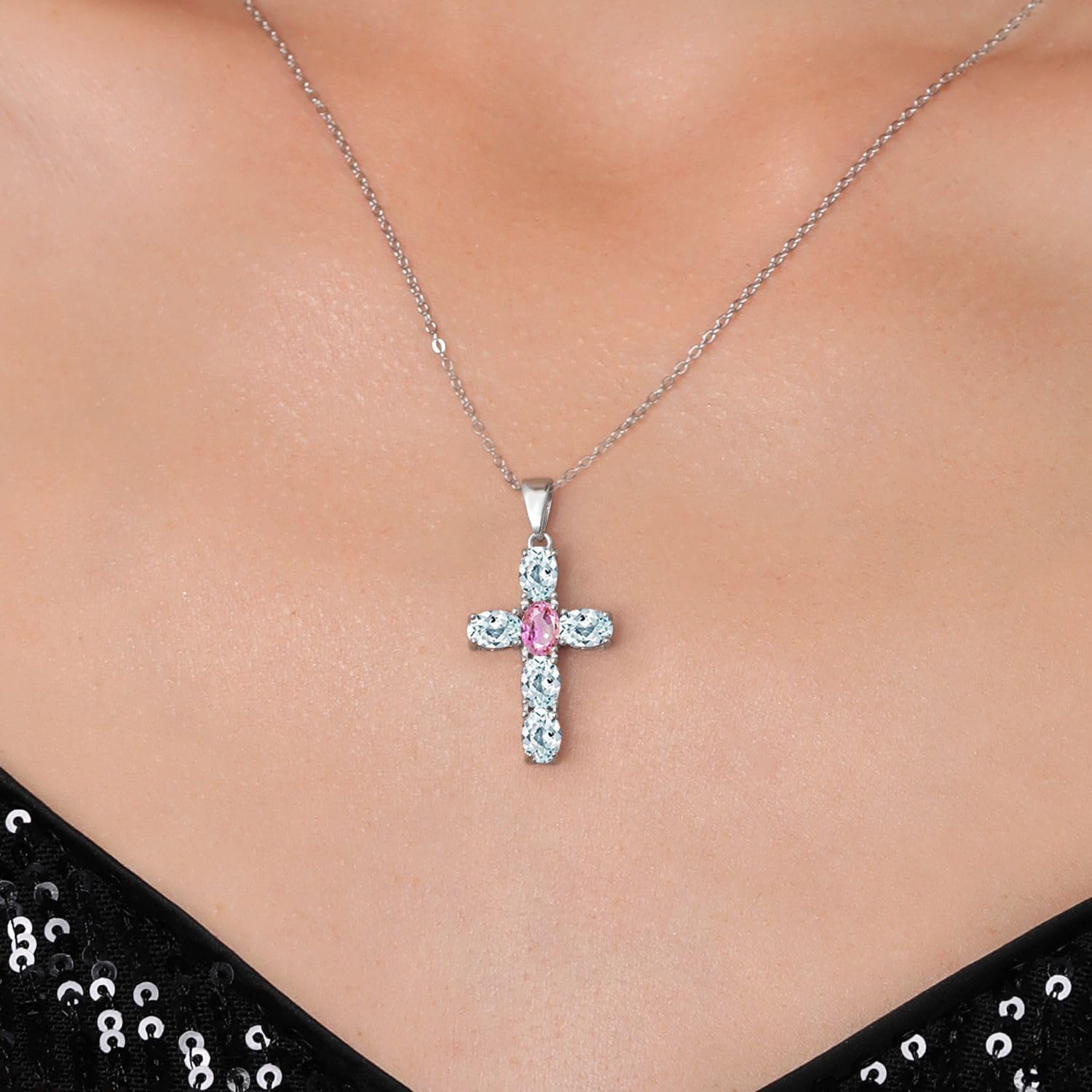 Gem Stone King 925 Sterling Silver Sky Blue Aquamarine and Pink Sapphire Cross Pendant Necklace for Women | 3.10 Cttw | Gemstone March Birthstone | Oval 6X4MM | With 18 Inch Chain - Image 3