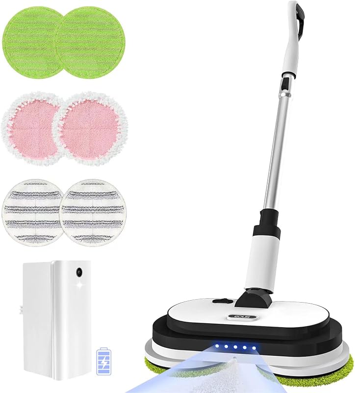 Trapeador eléctrico inalámbrico, autopropulsado con luz LED y rociador de agua | Almohadillas giratorias dobles | Batería desmontable | Tanque de 300 Ml | Hasta 60 minutos de tiempo de ejecución para madera dura, losetas, laminados y vinilos sellados