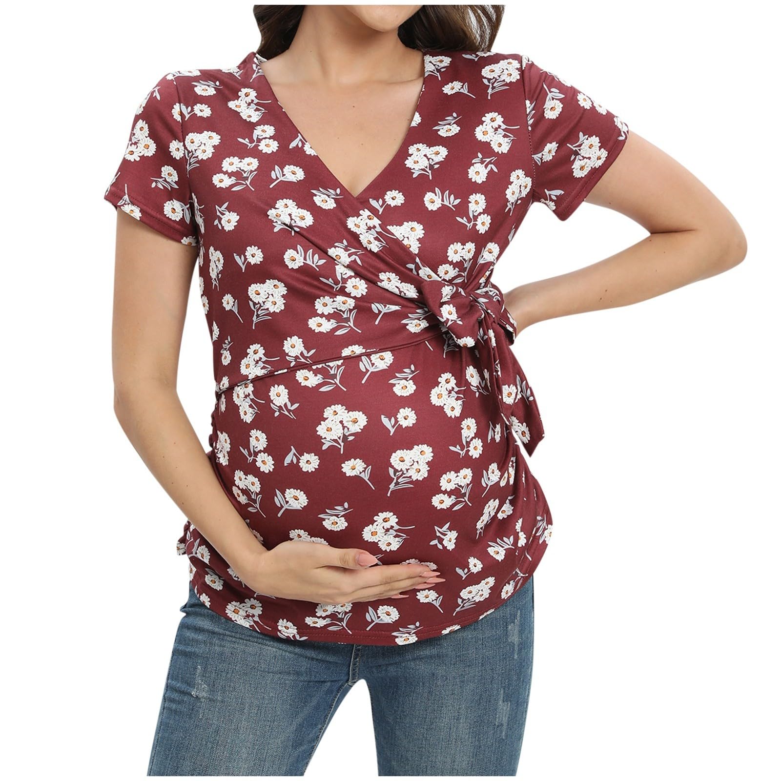 T-shirt d'été de grossesse à manches courtes et col en V imprimé à carreaux pour allaitement, chemisier d'allaitement pour femme
