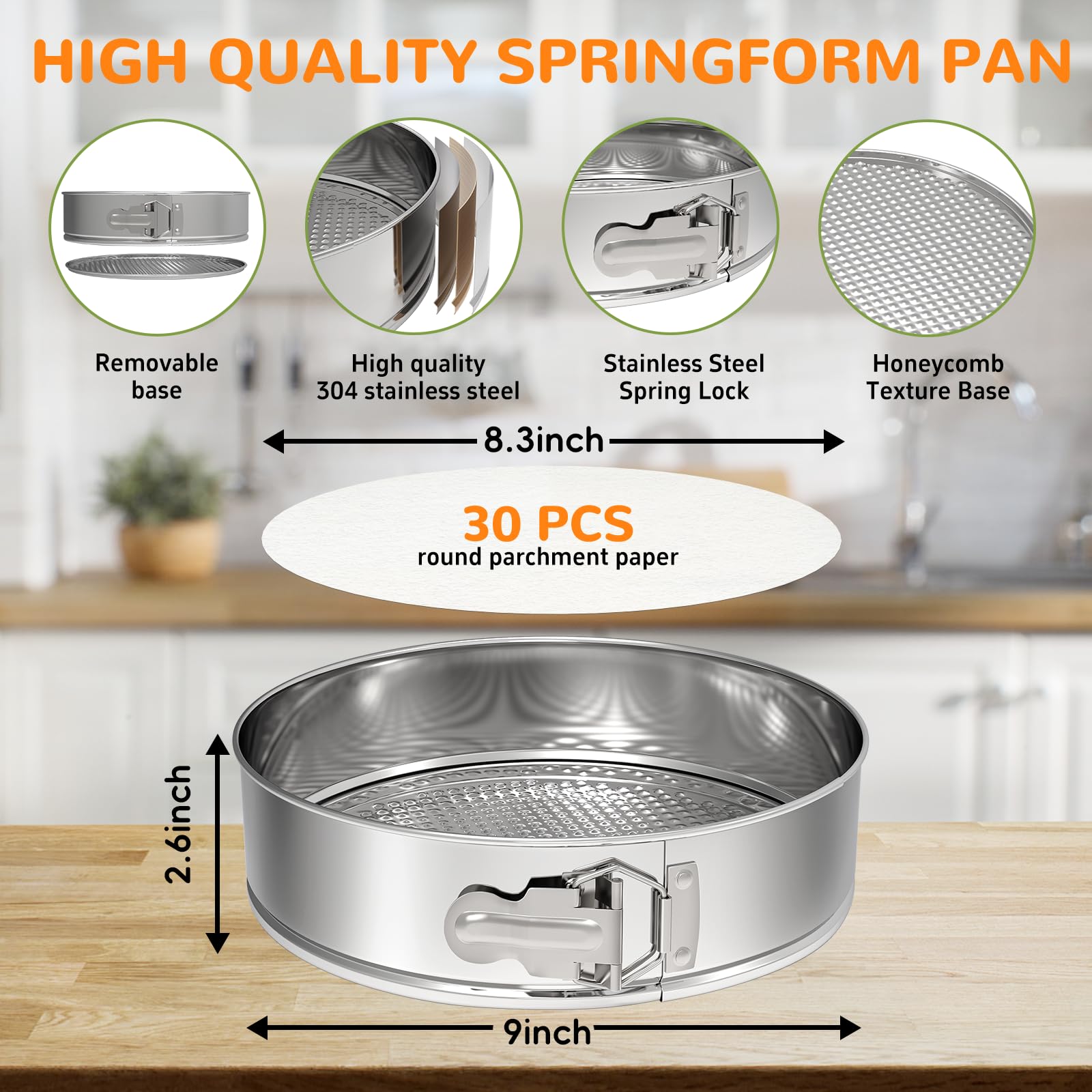 ZeroPone Sartén desmontable de acero inoxidable 304 de 9 pulgadas con fondo extraíble | Molde redondo antiadherente para tarta de queso con 30 forros de papel pergamino