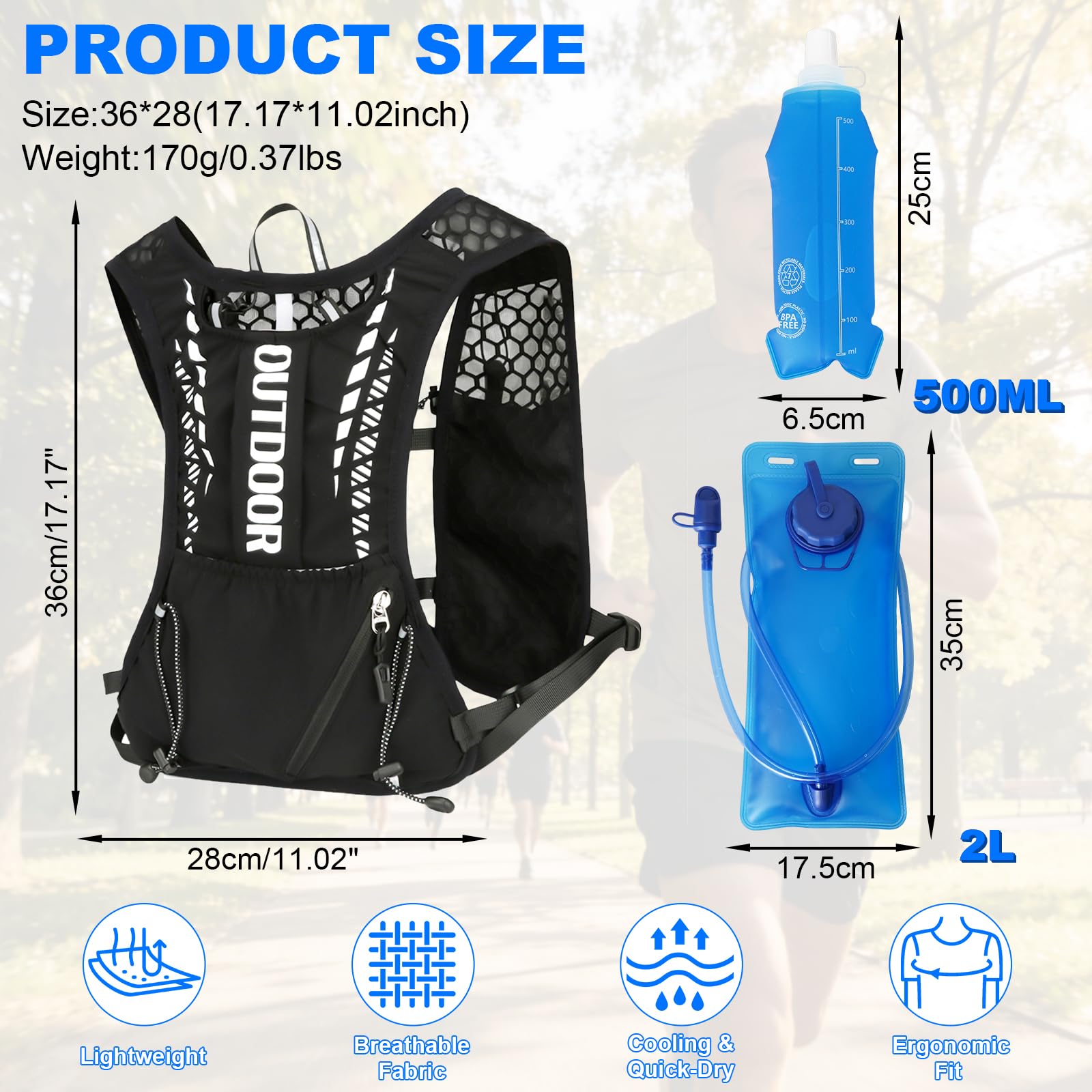 Gilet da corsa da donna con bolla d'acqua da 2 l e borraccia da 500 ml, ultraleggero, traspirante, per corsa, uomo, per jogging, trail running, bicicletta, maratona