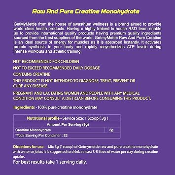 Generic Raw and Pure Creatine Monohydrate | Monohydrate | 250 g | 83 Servings | (Unflavored)
