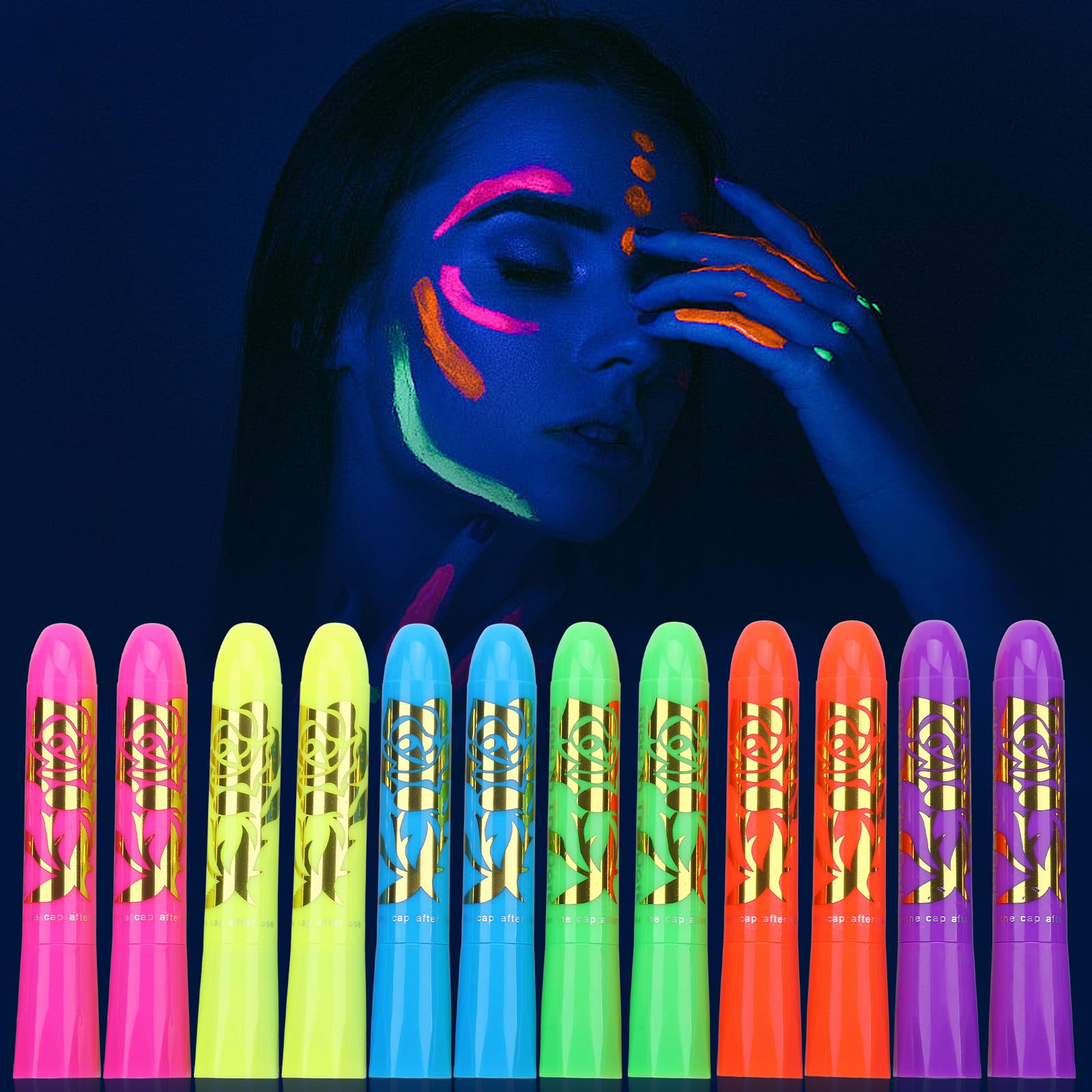 12 PCS Glow Face & Body Paint, Glow in the Blacklight Makeup Neon Face Paint for Halloween