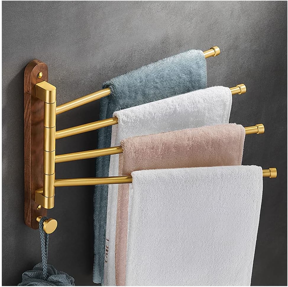 FAMMIX Wood Swing Out Towel Bar, Gold Folding Arm Swivel Hanger Bathroom Storage Organizer Rustproof Wall Mount,Swivel Towel Rack, Hand Towel Holder for Shower Room 4Bars