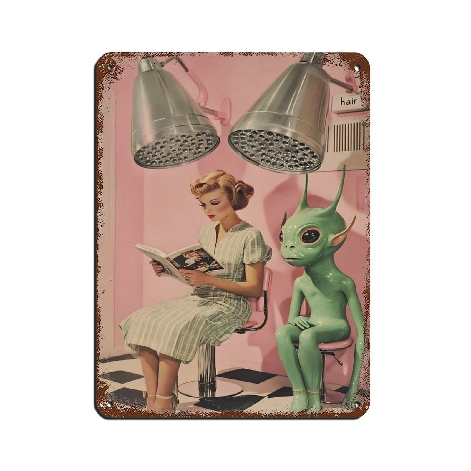 Vintage Salon Art,Alien Reading Magazine Retro Poster Metal Tin Sign Chic Art Retro Iron Painting Bar People Cave Cafe Family Garage Poster Wall Decoration 12x16inch(30x40cm)