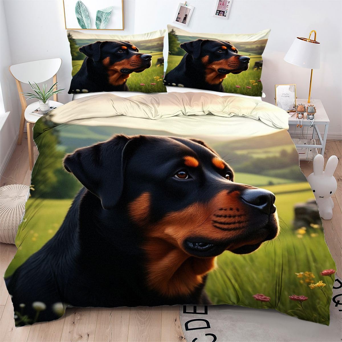 Zestaw pościeli 240 x 260 cm 3-częściowy rottweiler, pościel z nadrukiem 3D z mikrofibry, zestaw pościeli można prać w pralce i łatwy w pielęgnacji dla 2 osób