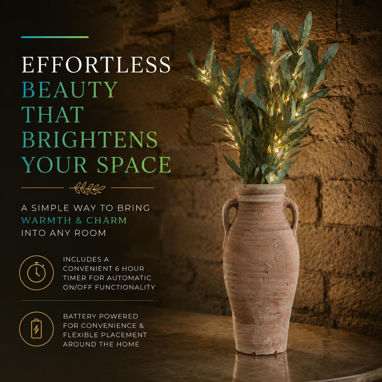 Festive Lights - Lot de 5 branches lumineuses décoratives en forme de feuilles d'olivier de 15 x 65 cm avec 300 LED blanc chaud - Feuillage d'intérieur alimenté par piles, design vert, fonction