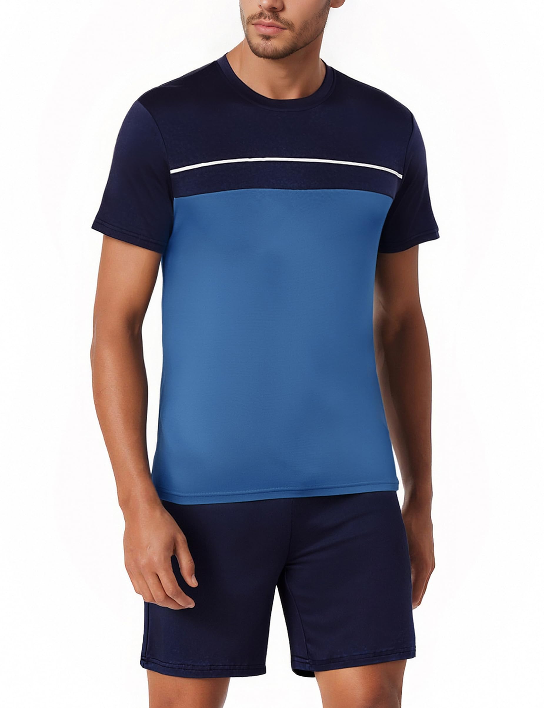 bresdk Men's Short Pyjamas, Summer Two-Piece Short Sleeve Pyjamas for Men, Blue, 3XL-picture-9