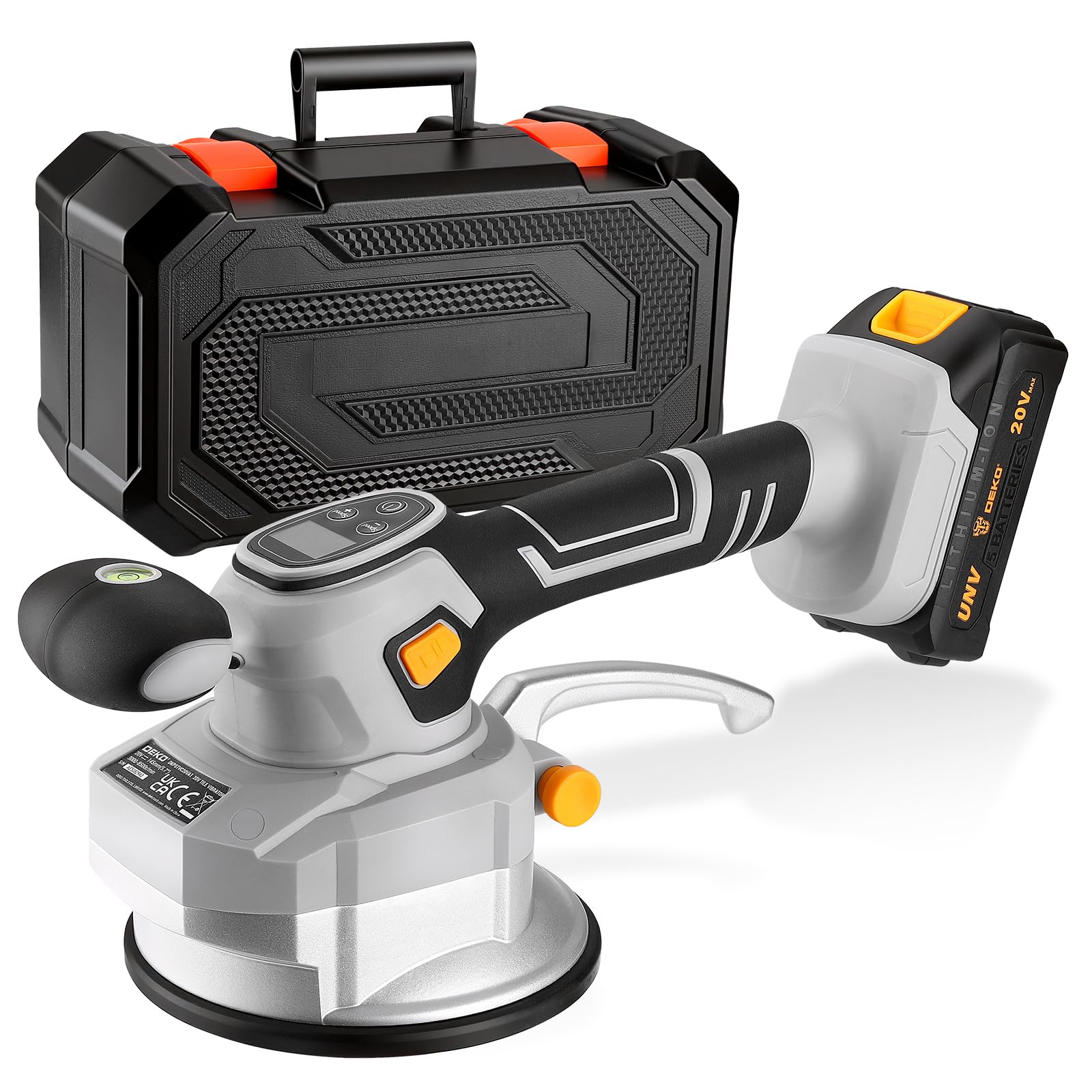 DEKOPRO 20V Tile Vibration Tool, 8500 RPM, Tile Vibrator Equipped with 145MM Suction Cup, 10-Speed Adjustable, Suitable for Floor, Tile, and Wall Installations, Includes 2.0Ah Battery and Toolbox