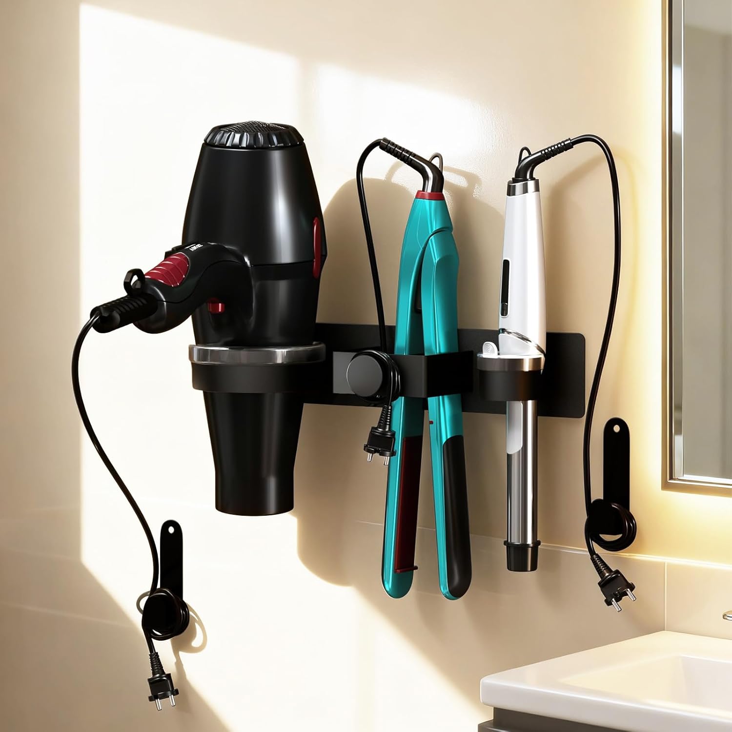 Hair Straightener Holder Wall Mounted, Hair Dryer Holder with Plug&Cord Organizer, Metal Hair Tools Organizer & Storage Curling Iron Holder for Bathroom, Salon Hair Dryer Holder