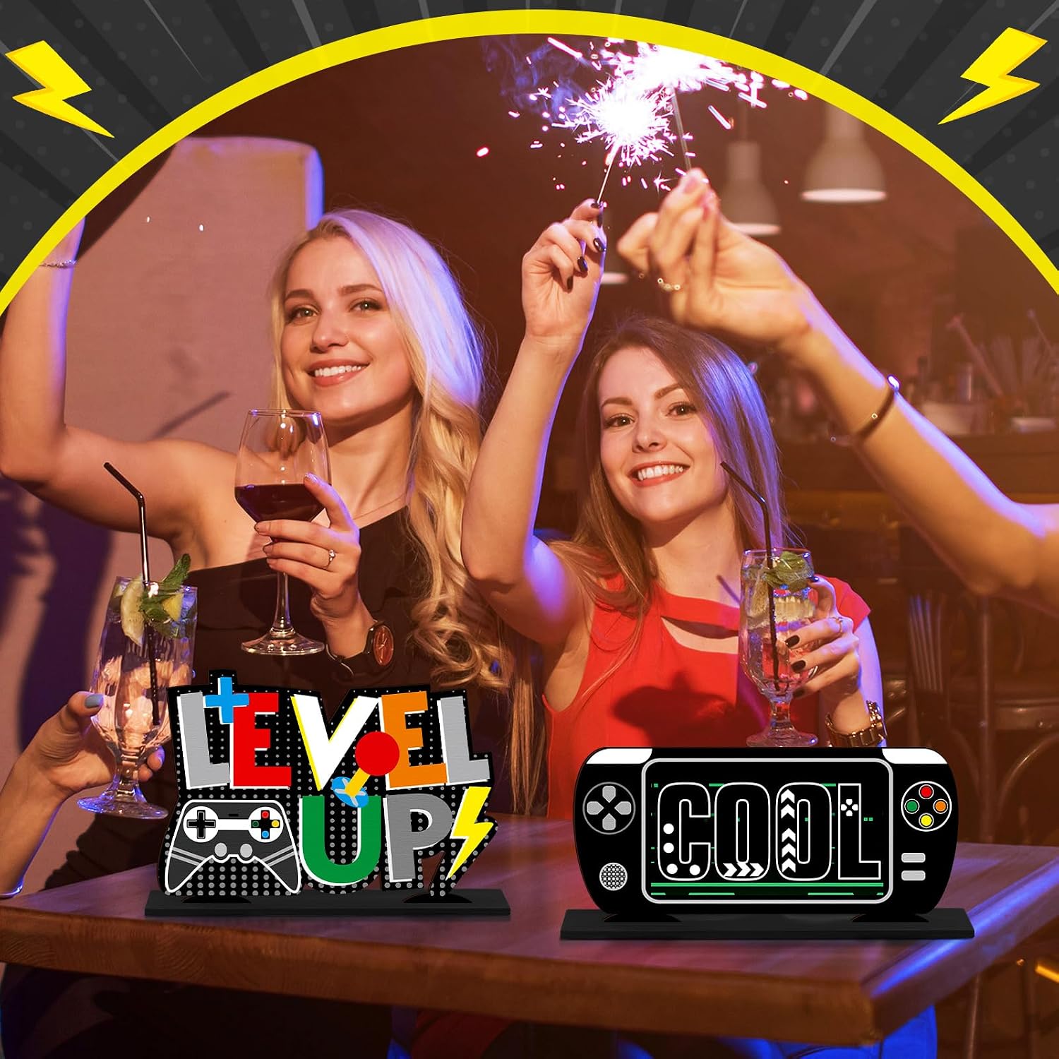 Geetery 6 Pcs Video Game Party Centerpieces Wood Level up Birthday Decorations Gaming Desk Decor Pixelated Table Sign for Adults Birthday Party Theme Fans Supplies(Black)