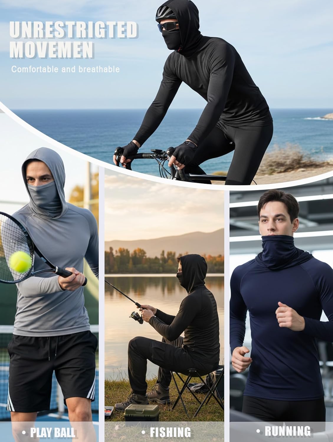 3 Pack Men's Hooded Long Sleeve Shirt with Face Mask, UPF Sun Protection Stretch Workout Shirt for Running Cycling Fishing