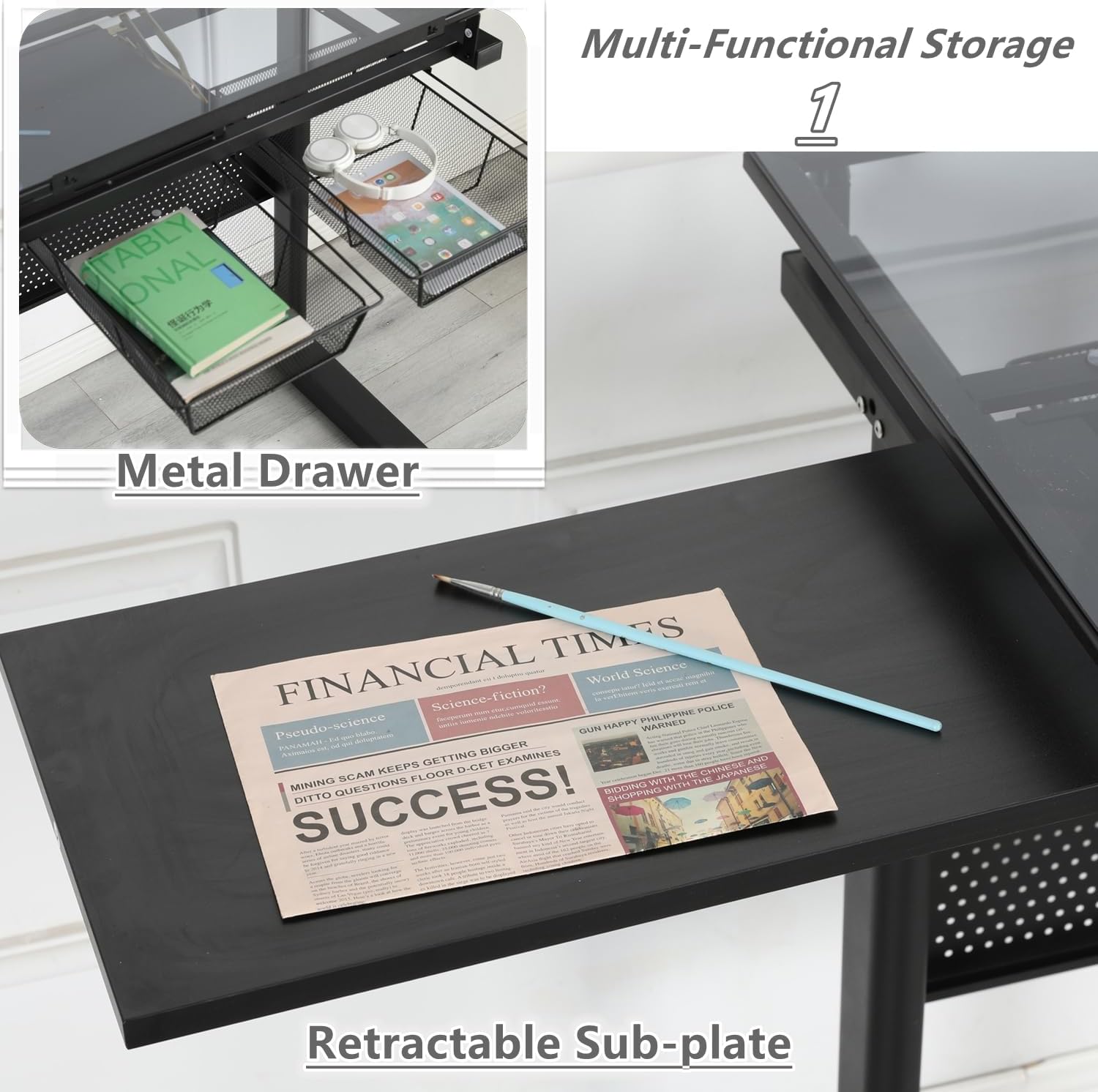 Drafting Desk with Stool, Upgraded Hand Crank Adjustable Height Art Table with Storage, 0-75° Tilting Glass Tabletop Drawing Table for Artists, Ergonomic Design for Painting, Sketching, Black