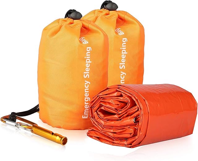 EEEKit Emergency Sleeping Bag,2Pack Lightweight Waterproof Survival Bivy Sack with Survival Whistle,Thermal Emergency Blankets Portable Mylar Survival Gear for Camping,Hiking,Outdoor Activities