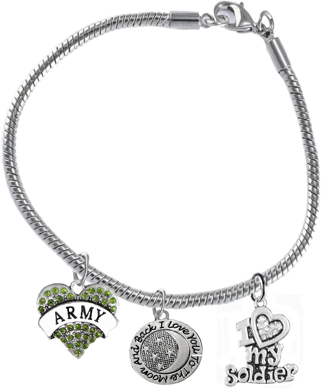 Cardinali Jewelry Army, I Love You to The Moon and Back, Crystal I Love My Soldier, Licensed Army Charm, Snake Chain Bracelet, Hypoallergenic, Safe-Nickel, Lead, Cadmium Free
