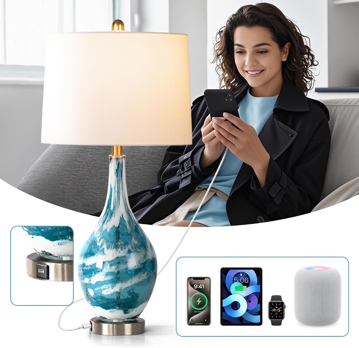 Maxax Coastal Glass Table Lamps Set of 2 Blue Bedside Lamp with USB Charging, Modern Bedside Desk Lamp with White Shade for Living Room Bedroom Coffee Nightstand (ETL Certified)