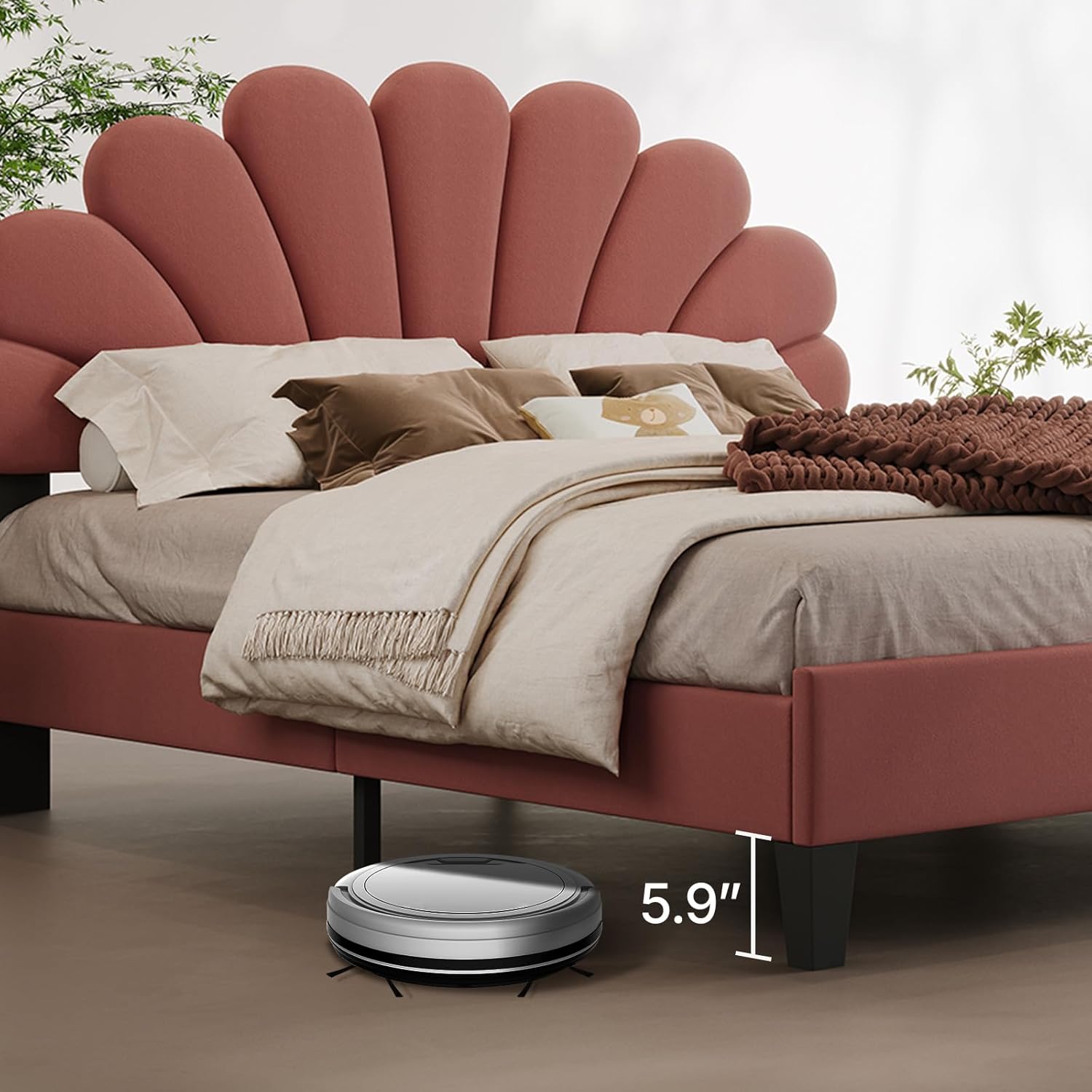 Bed Frame/Velvet Upholstered Platform Bed Frame with Flower Pattern Headboard/Strong Wood Slats Support/Mattress Foundation/No Box Spring Needed (Bean Paste Red, Queen (U.S. Standard))