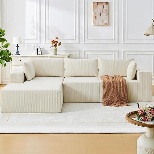 108” Boneless Couches for Living Room, Cloud Modular Sectional Couch, Modular Sectional Sofa with Deep Seat, Modren Comfy Corduroy Fluffy Couch with L-Shaped Chaise, No Assembly Required, Light Beige