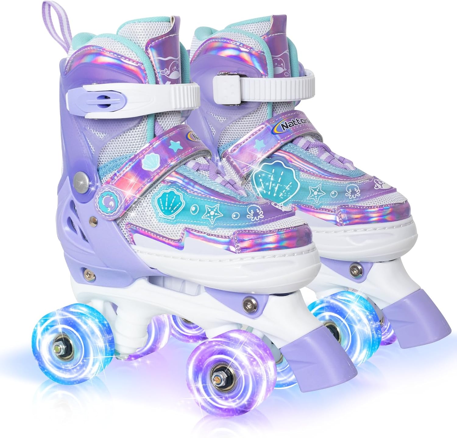 MammyGol Roller Skates for Girls Kids Boys, 4 Sizes Adjustable Quad Toddler Skates Indoor Outdoor Ages 3-8, Pink Blue Purple Green