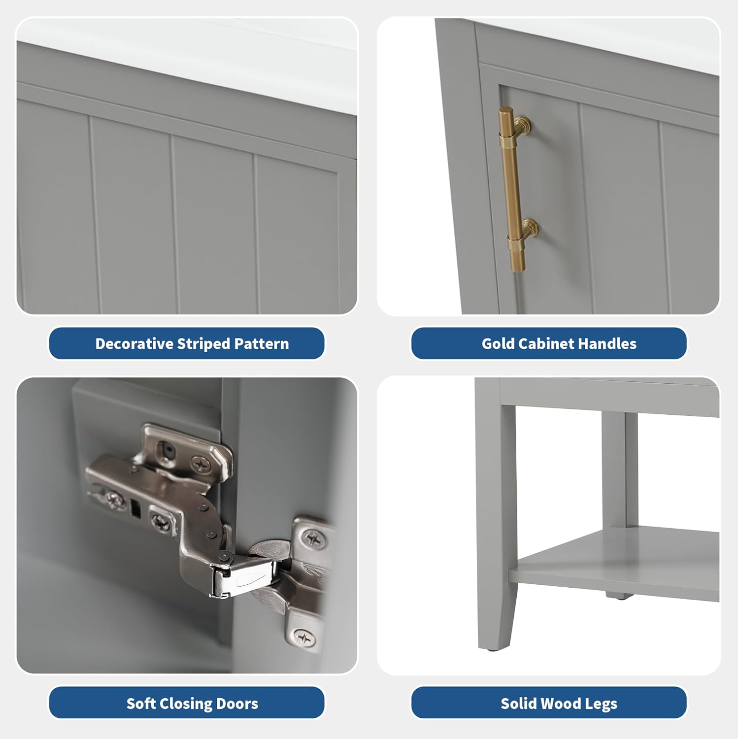 Linique 20" Bathroom Vanity with Ceramic Sink Top/Open Bottom Shelf/Soft Closing Door w/Two-Tier Storage Rack,Bathroom Cabinet with Gold Handles and Solid Wood Legs,Grey