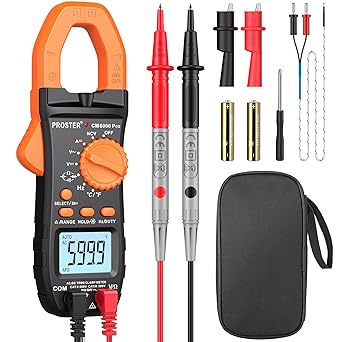 Proster Digital Clamp Meter TRMS 6000counts, 800A DC AC Current AC/DC Voltage NCV Continuity Capacitance Resistance Frequency Diode Hz Test, with1 PairTest Leads 1 Pair Alligator Clips