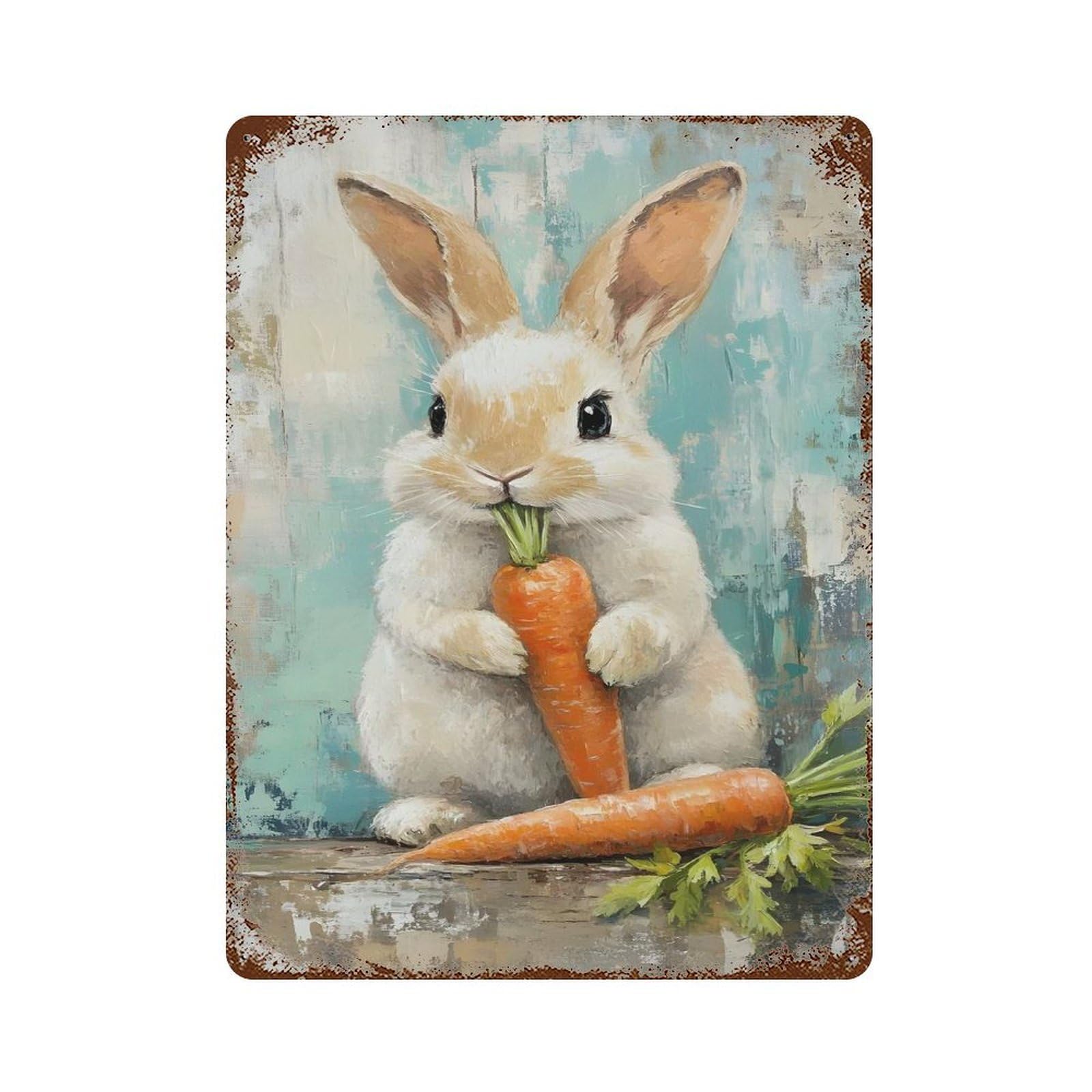 Retro Metal Sign with Bunny with Carrots Painting Design 15.7"x11.8", for Bistro, Counter And Cafe Decor, Shabby Chic Decor