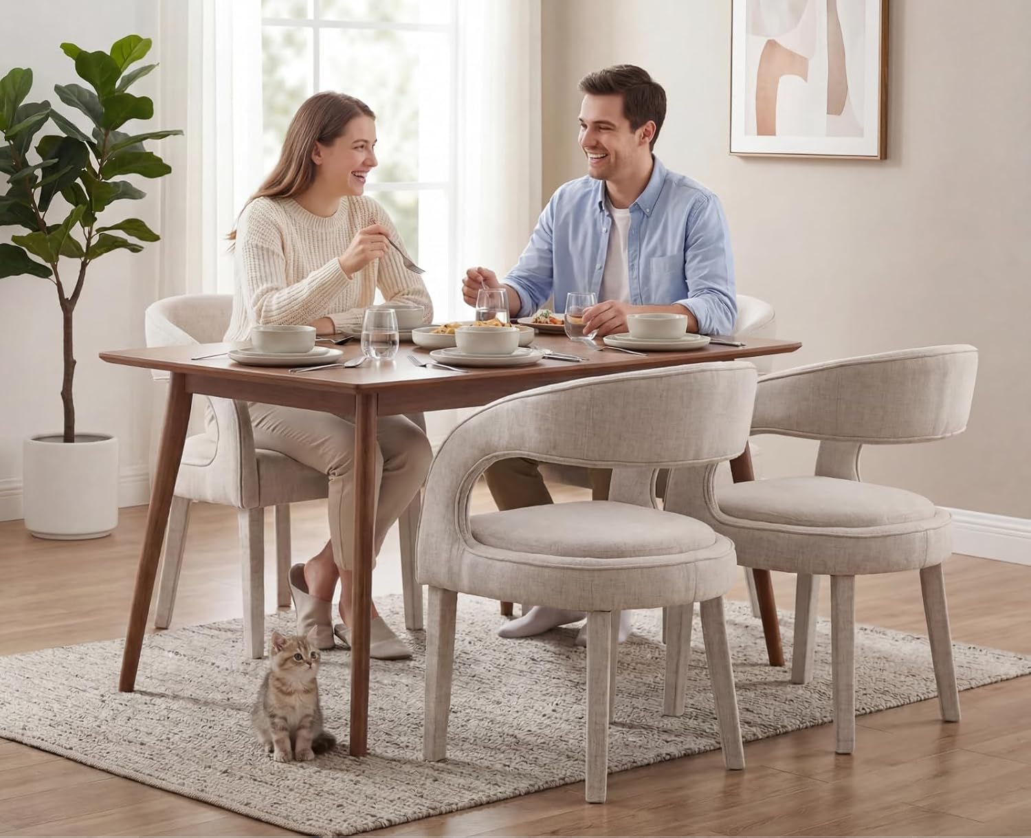 ROCITY Beige Fabric Dining Chairs Set of 2 Modern Barrel Dining Room Chairs Linen Upholstered Side Chairs for Kitchen/Dining Room/Living Room