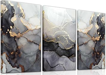 3Pcs Framed Modern Abstract Black and Gold Canvas Wall Art Fluid Lines Marble Pictures Posters Prints Painting White Grey Wall Decor for Bathroom Bedroom Living Room Office16x24inx3pcs Home Decoration
