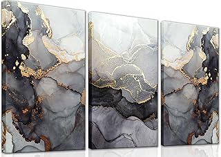 3Pcs Framed Modern Abstract Black and Gold Canvas Wall Art Fluid Lines Marble Pictures Posters Prints Painting White Grey Wall Decor for Bathroom Bedroom Living Room Office12x16inx3 Home Decoration