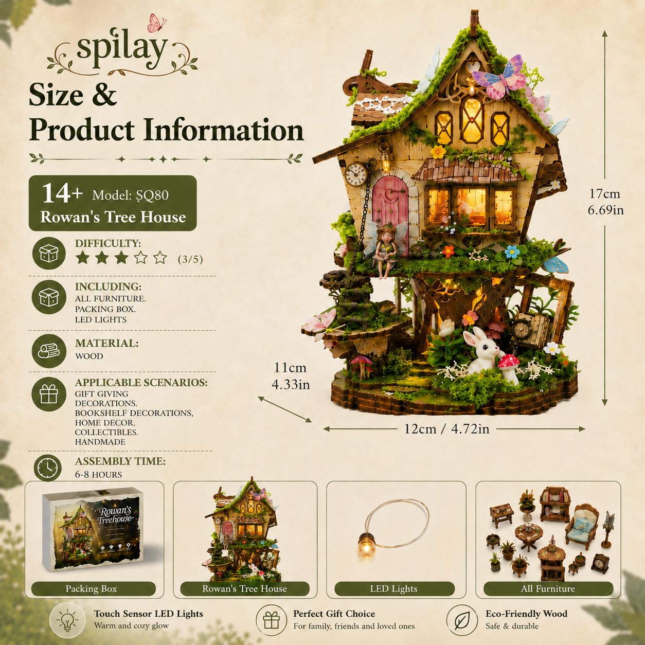 Spilay Rowan - Kit fai da te per casa delle bambole in miniatura, con luce LED, mini kit per la costruzione di una casa, angolo libro per adulti, decorazione creativa per librerie e regalo unico