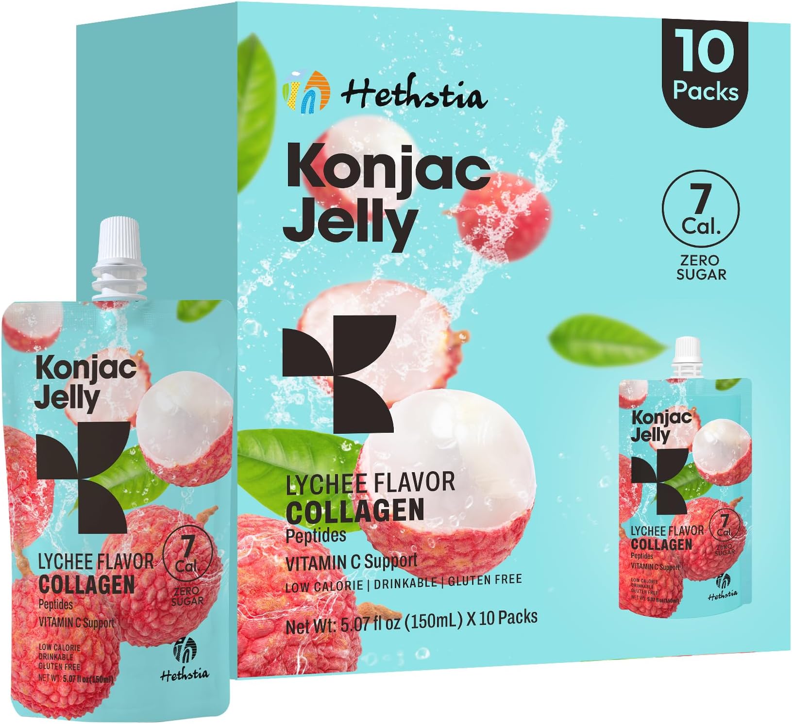 Hethstia Konjac Jelly, 10 Pouches Drinkable Lychee Konjac Jelly with Collagen Peptides, Low Calorie Litchi Jello, Vitamin C Light Snacks, Sugar Free, Keto, Gluten-Free, Healthy Food Gifts