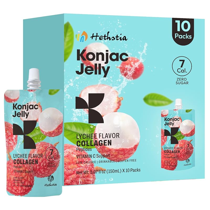 Hethstia Gelatina de Konjac com Peptídeos de Colágeno e Vitamina C, sabor lichia, 10 sachês