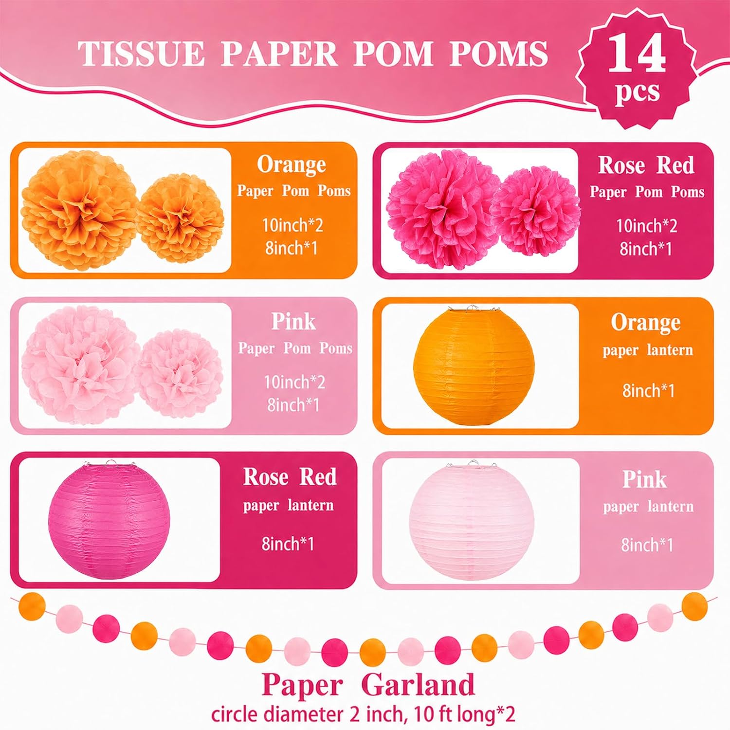 Pink and Orange Party Decorations, 14 Count Hot Pink Tissue Paper Flowers Pom Poms, Paper Lanterns and Circle Dot Garland for Sunset Birthday Baby Shower Bridal Shower Graduation Decor