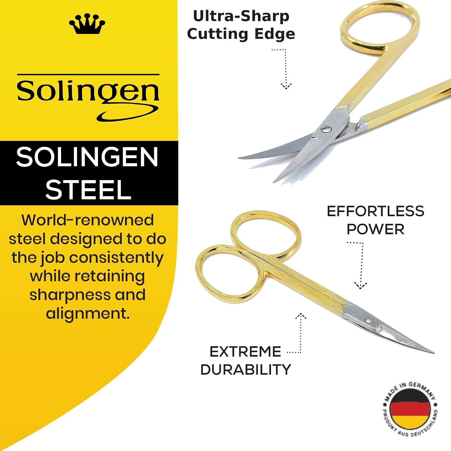 CS05 Professional Nail Cuticle Scissors, Hypoallergenic Gold Plated Sharp Curved Manicure Pedicure Grooming for Finger and Toe Nail Care. Made of Carbon Steel in Solingen, Germany