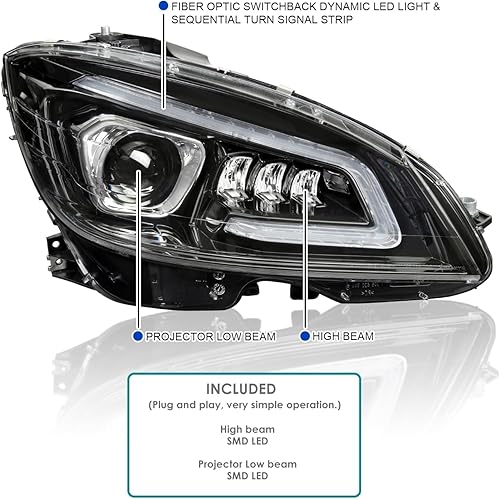 Miniatura 3 de Spec-D Tuning Faros delanteros de proyector LED completo color negro azabache con señal secuencial compatible con Mercedes Benz W204 2008-2011 Clase