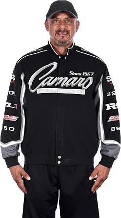 JH DESIGN GROUP Mens Chevy Camaro Collage Embroidered Cotton Twill Jacket