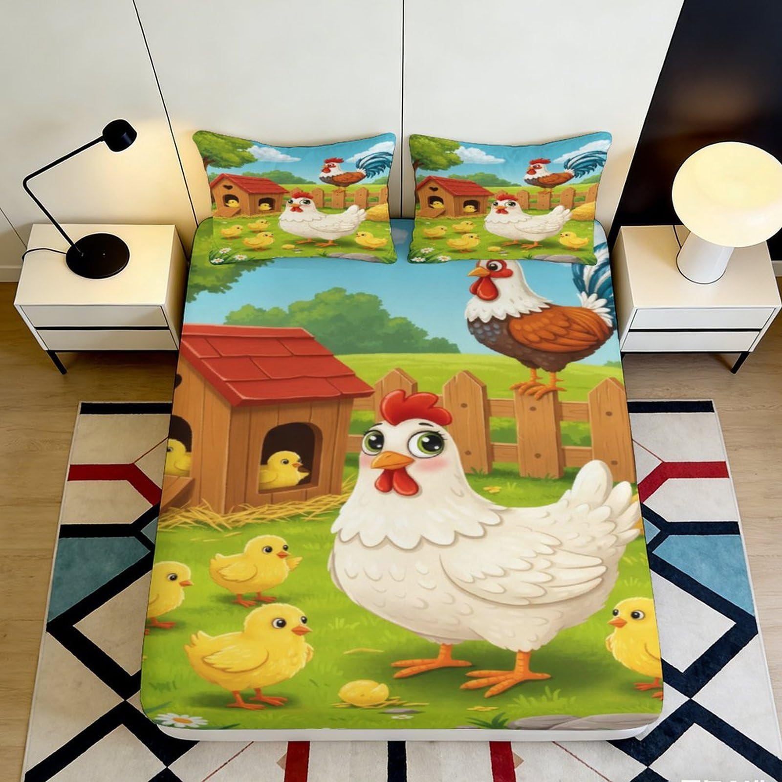 3D Printed Chicken Family Fitted Sheet Microfiber Farm Landscape Bed Cover for Bedroom Guest Room Decor Mattress Protection 90x200x25cm