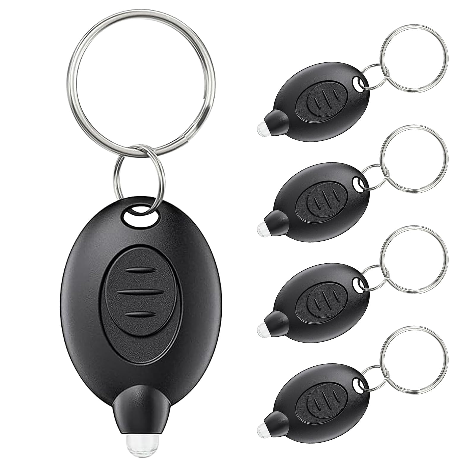 PEAKGEAR Pack of 5 LED torch, mini LED, keyring, key fob, light, 12 lumens, portable, ultra-bright, battery-operated keyring, flashlight, black housing