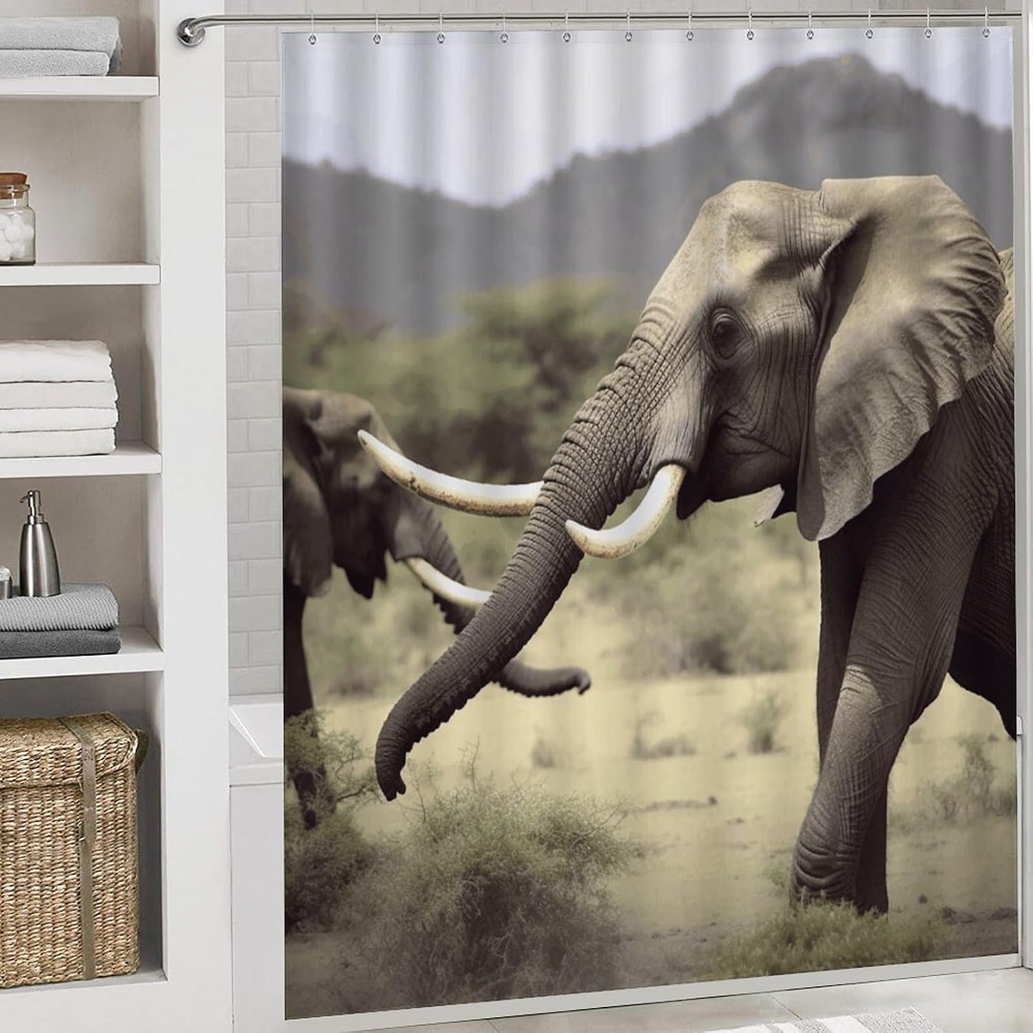 Elephants Animals 4Pcs Shower Curtain Set with Non-Slip Rugs, Toilet Lid Cover and Bath Mat,Bathroom Set Decor Accessories,Curtain Set with 12 Hooks, 72 X 72 Inch