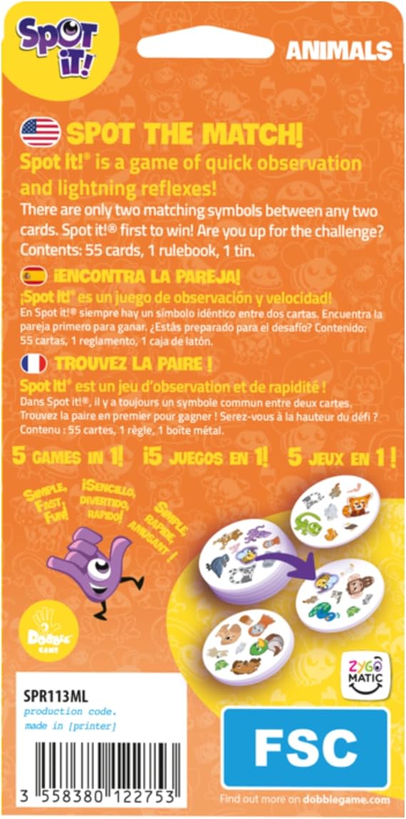 Asmodee Spot It! Animals (2024 Refresh) - Eco-Blister Edition, 5-in-1 Visual Perception Game for Quick Reflexes and Family Fun, Ages 4+, 2-8 Players, 15 Minute Playtime | Spot matching animal symbols before your opponents. Ages 4+, 2-8 players, 15 min.
