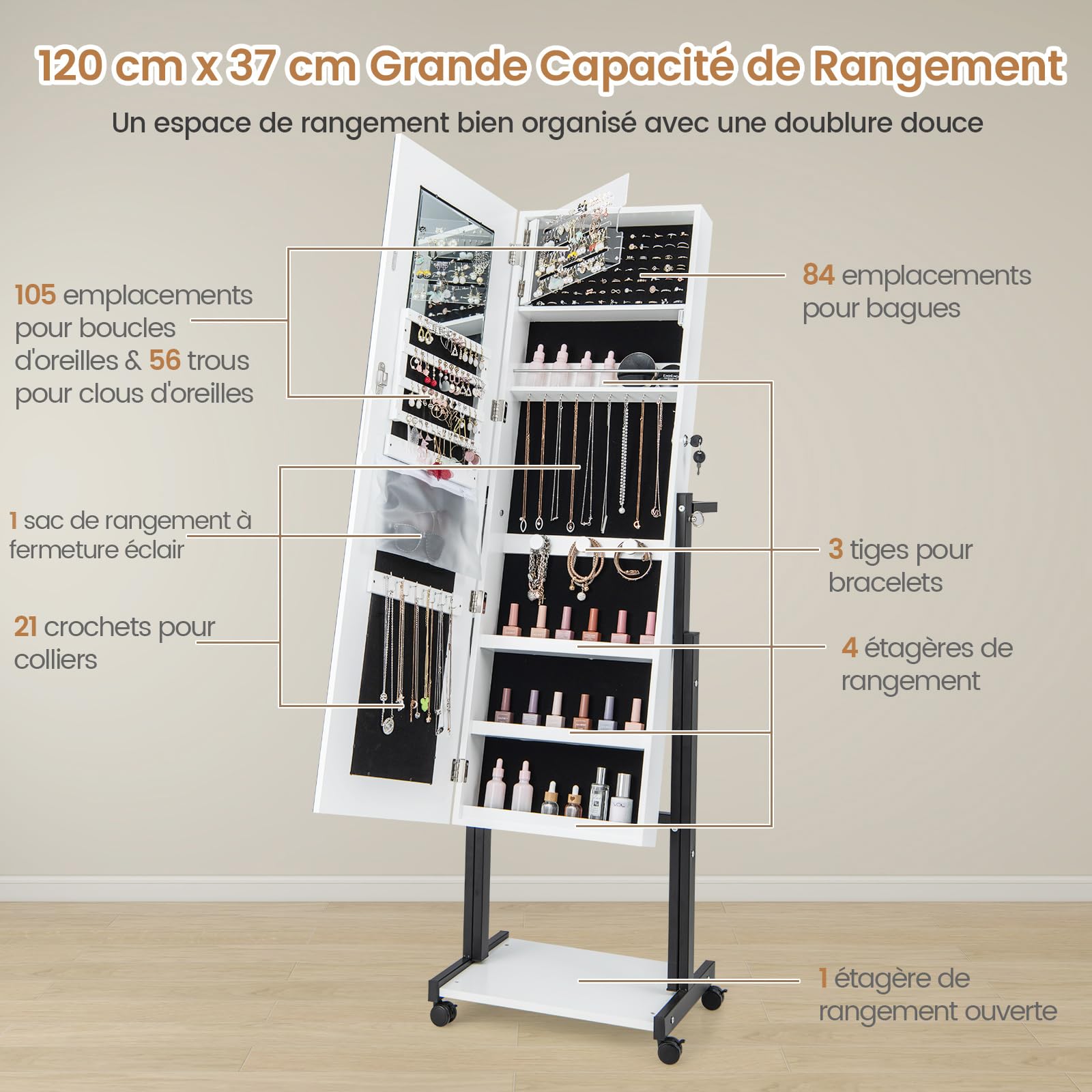 RELAX4LIFE Armoire à Bijoux sur Pied à Roues, Miroir Rangement Bijoux avec LED 3 Couleurs, Hauteurs & Angles Réglables, Étagère Inférieure, Meuble Bijoux pour Chambre Dressing(Blanc)