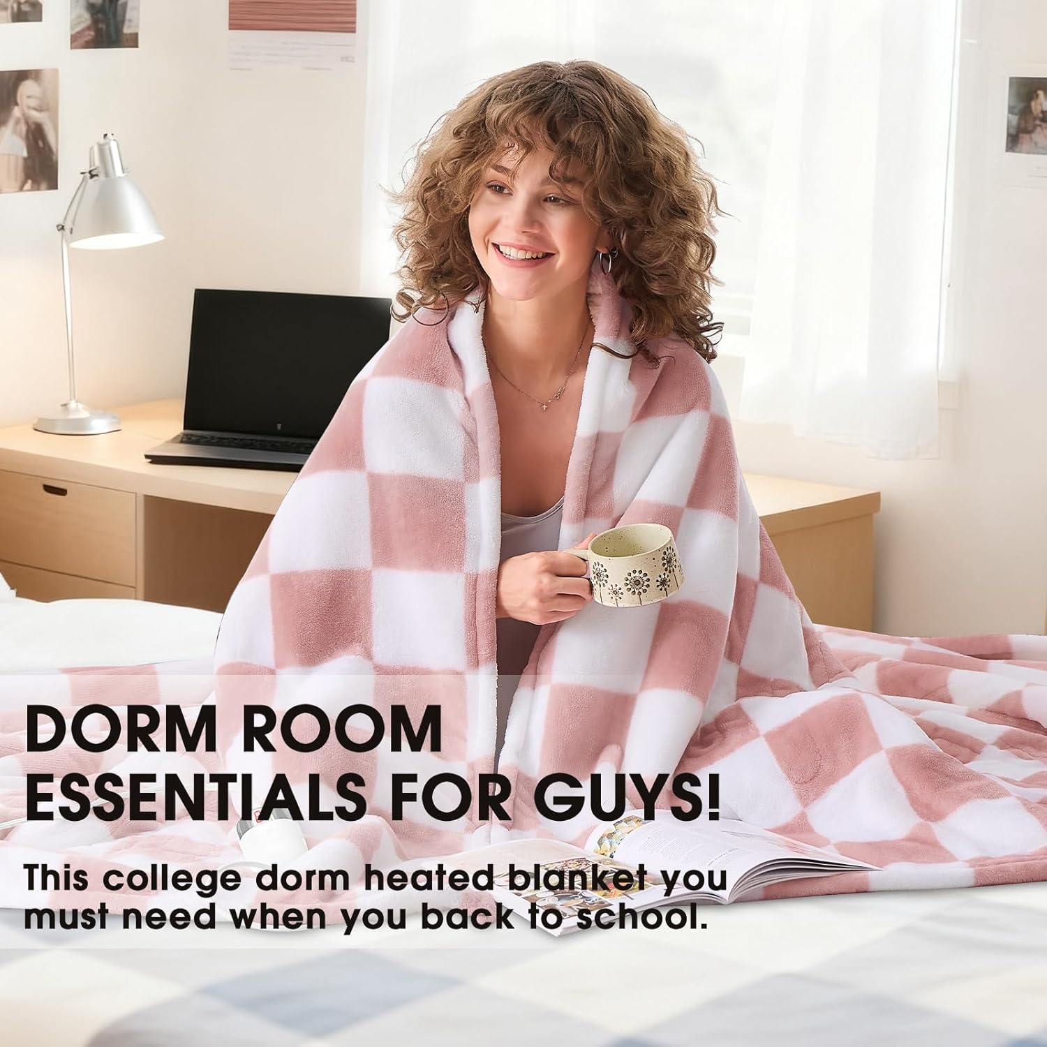 Light Pink Heated Blanket Electric Throw, 50X60 Heating Blanket with 10 Heat Levels & 8 Hours Auto Off for Lap, Checkered Plaid Soft Sherpa Blankets Warmer Gifts for Couch Grandma Women Adults - Image 5