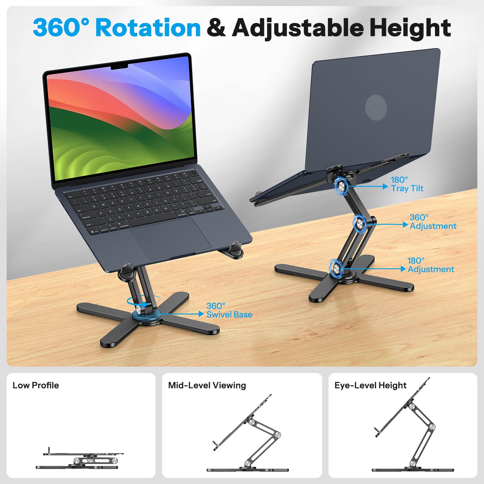 OMOTON Faltbarer Laptop Ständer 360° Drehbar, Aluminium, Schwarz
