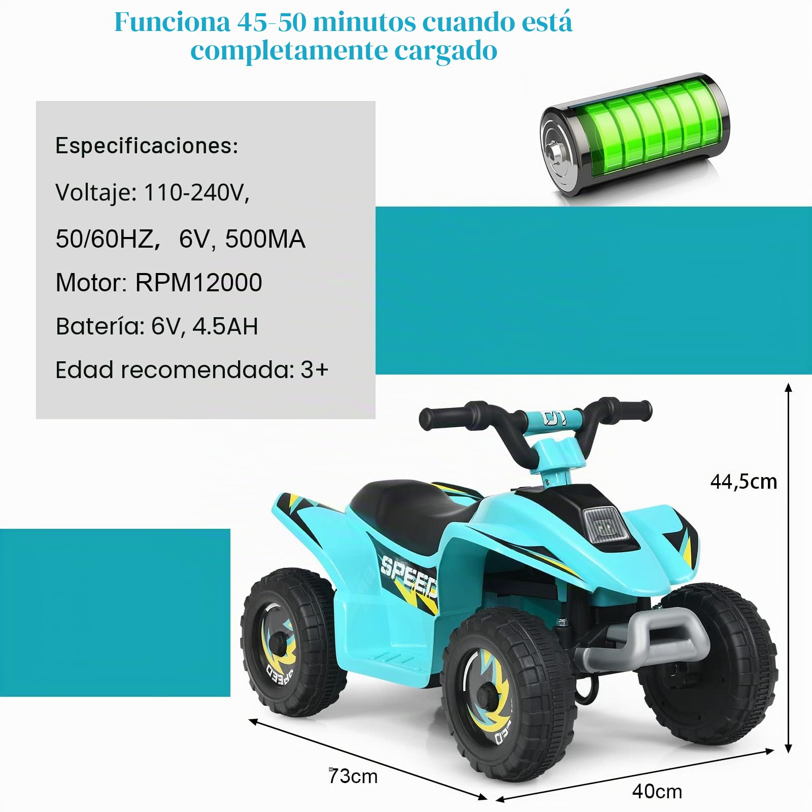 GOPLUS Quad Eléctrico ATV 6V para Niños de 3+ Años, Moto Electrica Infantil con Función Delante y Atrás, Vehículo Eléctrico con Velocidad 2.8-4.6 km/h, Carga Máxima 30 KG, 73 x 40 x 44,5 cm, Azul