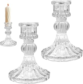 2 Stück Glas Kerzenhalter Für Stabkerzen, Vintage Stabkerzenhalter Für Hochzeiten Und Tischdeko, Transparente Glas Dekoration Im Diamant Design Für Wohnbereich Und Esstisch (2)